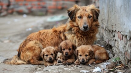 Large brown homeless dog carrying her puppies on the street