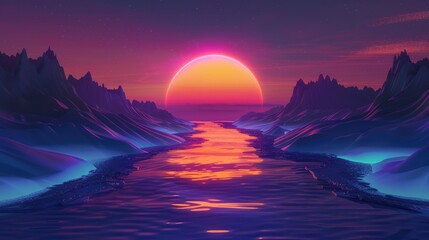 The image is a beautiful landscape with a large pink and yellow sun setting over a body of water. The sky is a gradient of purple and blue, and the foreground is a dark blue. - Powered by Adobe