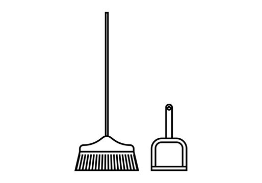 Icono de escoba con recogedor en fondo blanco. 