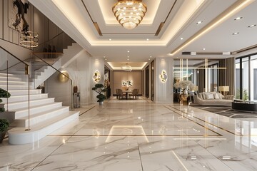 Grand Entrance of a Luxury Modern Home with Artful Decorations, Statement Lighting, and Marble Flooring for a Majestic Welcome