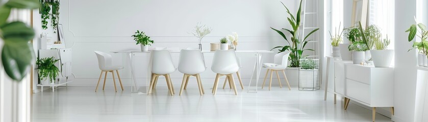 Modern minimalist dining space with white chairs, plants, and natural light. Ideal for interior design inspiration and modern living concepts.