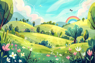 Naklejka premium Cartoon landscape, background for product preview, summer backdrop with green meadow