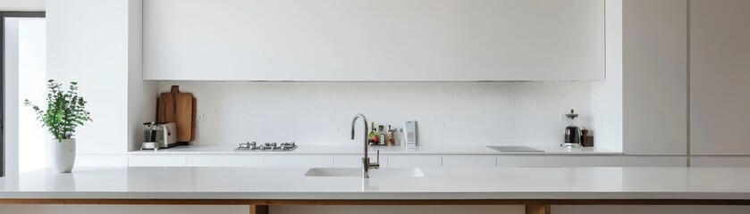 Modern minimalist kitchen with white cabinets, counter, potted plant, and stainless steel faucet. Clean and contemporary design.