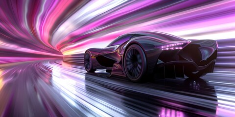 Blurry silhouette of a futuristic sports car speeding on a colorful track. Concept Futuristic Technology, Racing Excitement, Speed and Motion, Vibrant Colors, Sporty Aesthetics
