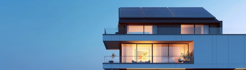 Modern residential building with large windows and balconies, illuminated at dusk against a clear blue sky, showcasing contemporary architecture.