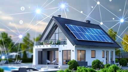 Modern smart home with solar panels and network connections, demonstrating renewable energy and advanced technology for sustainable living.