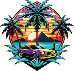 car with palm trees and a mountain landscape, a colorful theme design vector illustration t-shirt design, sunset and palm trees.