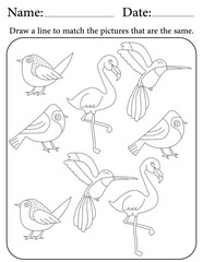 Birds Puzzle. Printable Activity Page for Kids. Educational Resources for School for Kids. Kids Activity Worksheet. Match Similar Shapes