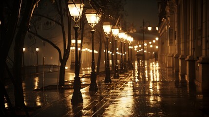 Fototapeta premium A cinematic scene with streetlights casting long shadows on wet pavements, capturing a serene rainy night.