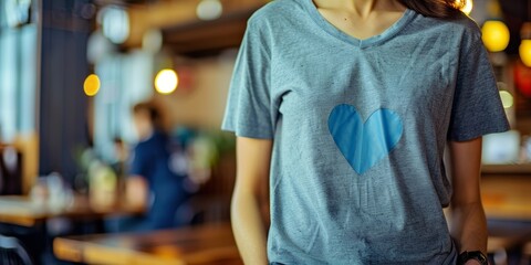 A woman wearing a t-shirt featuring a blue heart design, symbolizing support and unity, banner, copy space
