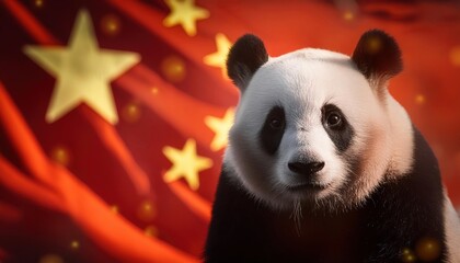 Obraz premium Giant Panda with Chinese Flag Background
