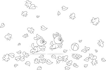 Funny little kitten and puppy merrily playing with a ball among autumn leaves flying around, black and white outline vector cartoon illustration for a coloring book