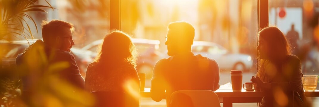 A group of friends engage in enjoyable conversation at a cafe during a sunlit evening creating a warm ambiance