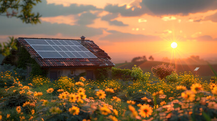 Rustic cottage with solar panels on the roof, surrounded by a field of wildflowers, beautifully lit by a sunset
