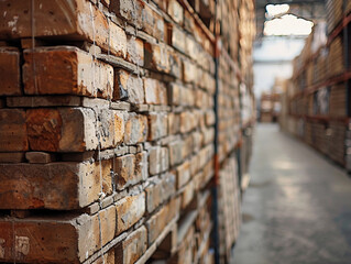 Stacks of Weathered Bricks in Warehouse