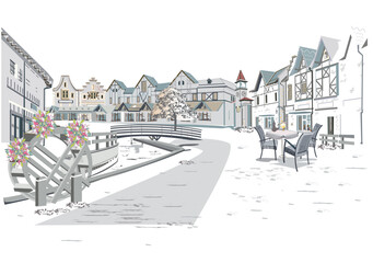 Series of backgrounds decorated with flowers, old town views and street cafes. Café window.   Hand drawn vector architectural background with historic buildings. 