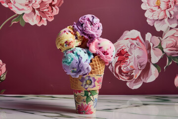 colorful ice cream scoops in waffle cone against purple  floral wallpaper background