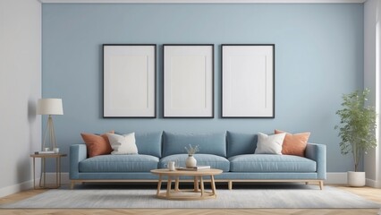 blank frame mockup in contemporary living room design, pale blue wall background