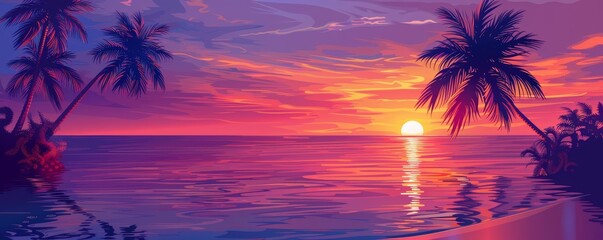 Obraz premium Stunning sunset over a tropical beach with palm trees and vibrant sky colors reflecting on the calm ocean water.