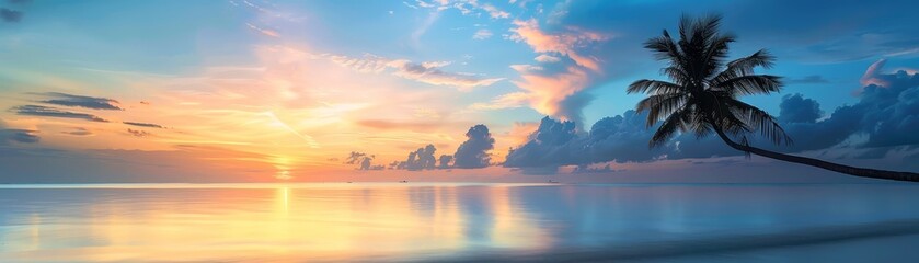 Naklejka premium Stunning tropical beach sunset with a silhouetted palm tree, calm ocean waters, and dramatic clouds glowing with vibrant colors.
