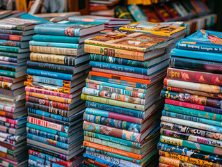 Stacks of Colorful Books at a Book Market
