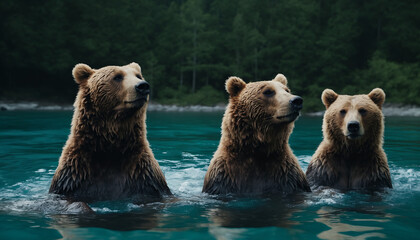 three brown bears in the water at daytime