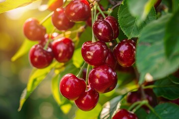 Red cherries hanging on the tree, green leaves in the background, sunny day, focus on the red cherry fruits, closeup view of fresh and juicy cherries Generative AI