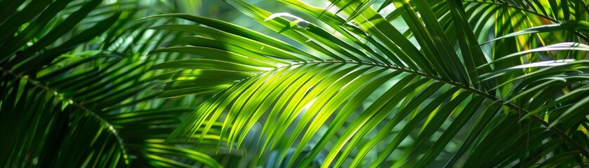 Obraz premium Tropical palm leaves in sunlight, capturing the vibrant texture and lush greenery typical of a rainforest setting, perfect for nature backgrounds.
