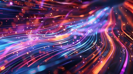 Vibrant abstract light trails in motion, featuring bright neon colors and dynamic lines creating a mesmerizing visual effect.