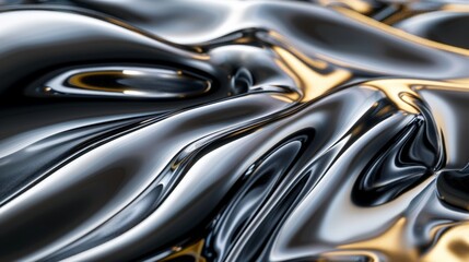Abstract background with liquid metal texture. Dark metallic silver backdrop with golden lights reflection