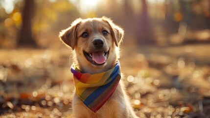 Happy Puppy Wearing a Rainbow Bandana in a Sunny Park, Embracing LGBT Pride and Love, with a Playful and Cute Dog Enjoying a Beautiful Outdoor Day