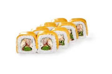 Cheddar topped eel sushi rolls with cream cheese and greens