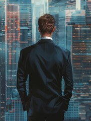 Fototapeta premium Back view of a businessman in a formal suit against the backdrop of skyscrapers in the business district of the city.