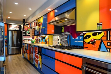 Modern Kitchen with Pop Art Flair, showcasing Brightly Colored Cabinets, Pop Culture-inspired...