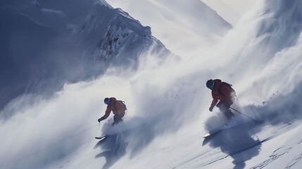 Energetic Snowboarders Carving Down Snowy Mountain Slopes on a Bright Winter Day, Capturing the Thrill and Adventure of Snowboarding in Stunning High-Definition Action Photography