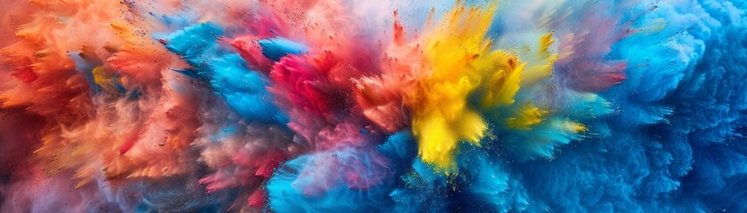 Fototapeta premium Vibrant explosion of colors in a dynamic abstract pattern, featuring blue, yellow, and red hues for a striking visual effect.