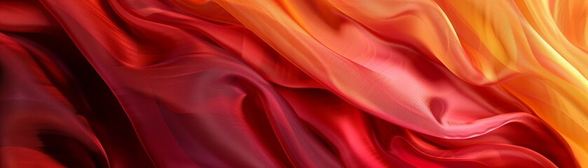 Obraz premium Vibrant, flowing textures in shades of red and orange reminiscent of silk fabric creating a dynamic, abstract background for various design needs.