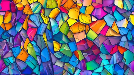 Vibrant multicolored mosaic abstract background with geometric shapes and vivid hues, creating a visually striking and detailed pattern.