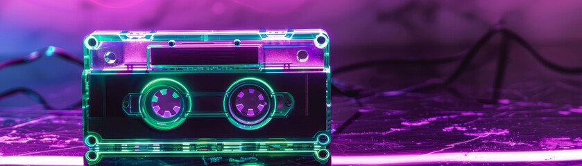 Vintage cassette tape glowing with neon lights, representing music and nostalgia from the past. Retro aesthetic in vibrant colors.