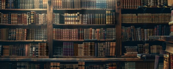 Vintage library filled with old, classic books on wooden shelves. Ideal for academic, literary, and educational content.