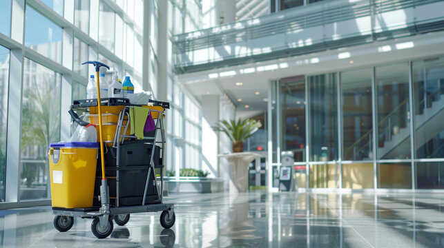 A cart filled with various cleaning supplies positioned in an office building, banner, copy space
