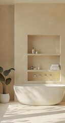 3d rendering of bathroom wall unit with bathtub, in the style of softly blended hues, columns and totems, minimalist landscapes, light beige and beige, generated with AI
