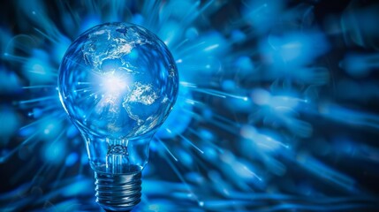 A blue light bulb with the world inside glowing, radiating beams of energy on an abstract background, generated with AI
