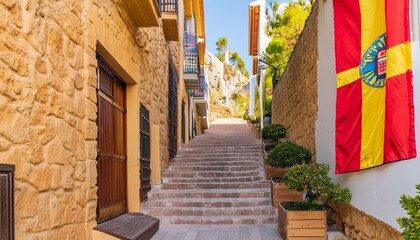 Stairs adorned with colors of Spanish flag, in Calpe old town. Alicante province, Valencian Community, Spain. AI generated