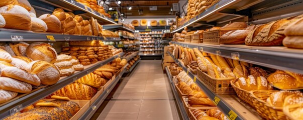 Wide-angle view of a well-stocked bakery aisle in a grocery store displaying various types of fresh bread and baked goods on the shelves.