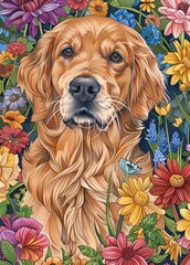 A gold retriever dog surrounded by colorful flowers, generated with ai