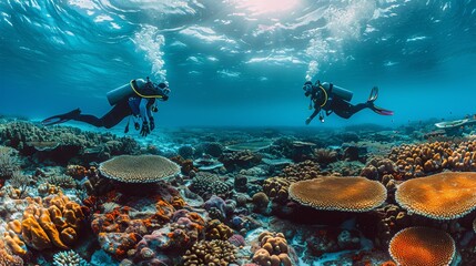 Two Scuba Divers Swimming Over a Coral Reef