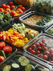 Obraz premium Close-up of healthy vegetarian food in containers. A lot of vegetables, fruits, herbs, dishes on the table. Delivering a balanced nutrition concept.