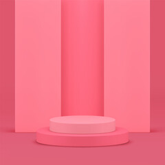 Pink 3d showroom cylinder stand with geometric wall background realistic vector illustration