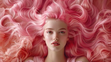 A girl with striking pink hair lies down with her flowing locks spread around her